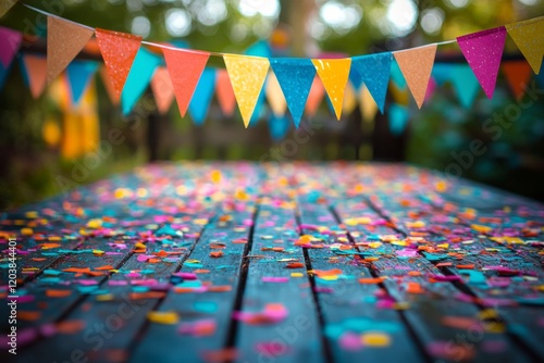 Colorful party decorations with confetti and bunting on a wooden surface duri...