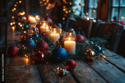Warm holiday ambiance with candles and ornaments on a rustic wooden table