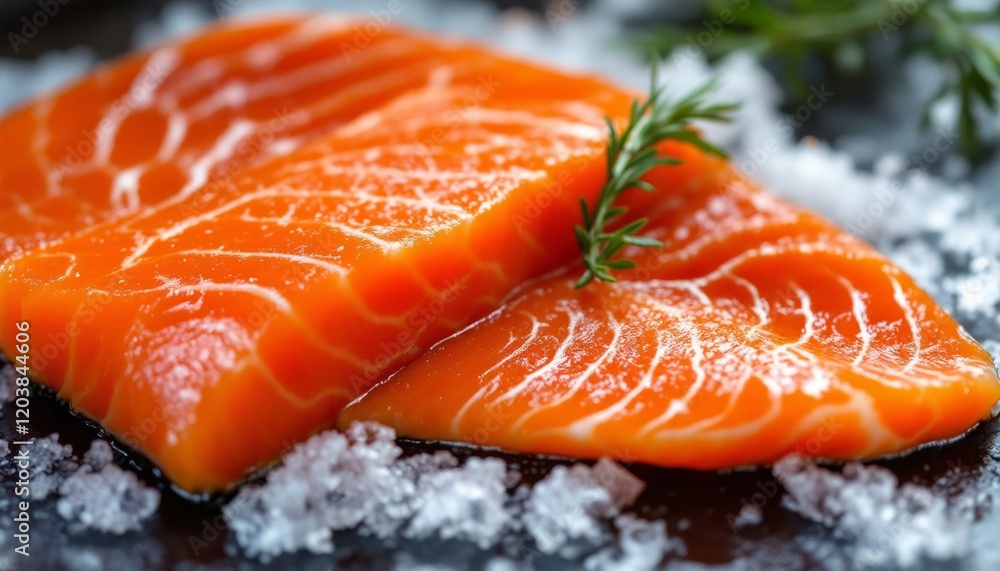 Fresh salmon fillet on salt crystals with a small green sprig on top, close up view Fresh salmon fillet on salt crystals with a small green sprig on top, close up view