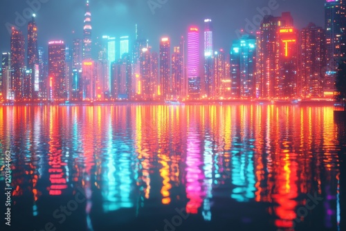 Vibrant city lights reflecting on water create a colorful night landscape by ...