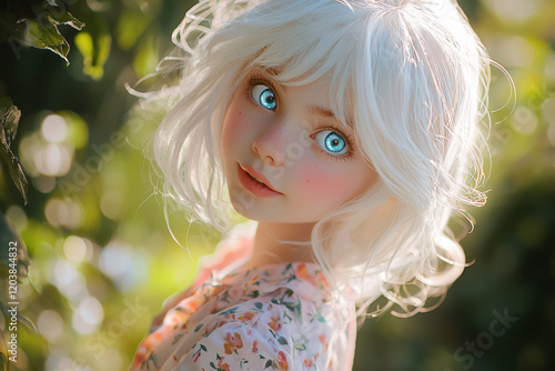 A 10-year-old girl, snow-white hair and heterochromatic eyes one blue, one green. She wears a pastel floral shirt, standing in a sunny park with a curious and cheerful expression. photo