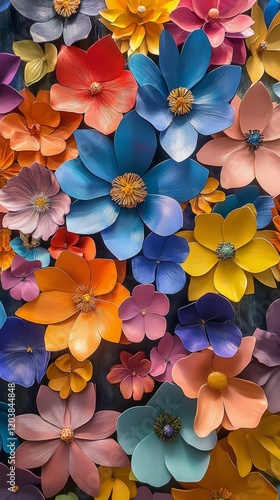 Colorful paper flowers arranged in vibrant patterns for decoration