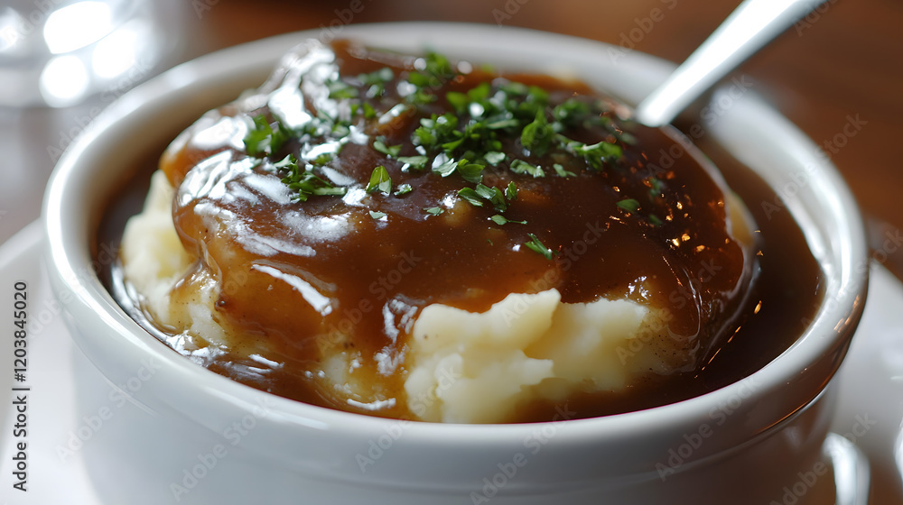 Creamy Mashed Potatoes in a Bowl with Savory Gravy and Herbs Creamy Mashed Potatoes in a Bowl with Savory Gravy and Herbs