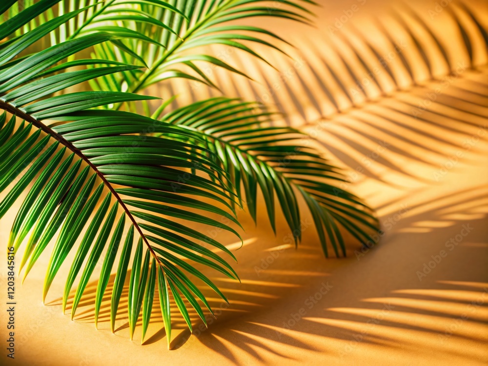 Fototapeta premium Miniature Palm Leaves Shadow on Beige Background - Tilt-Shift Photography