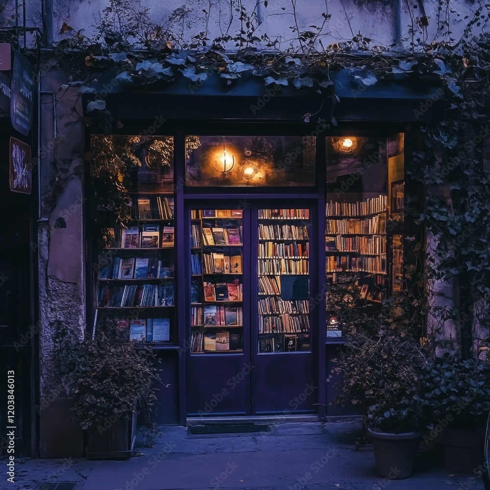 Evening Bookstore Illuminated With Glowing Lights And Books Displayed In Shelves