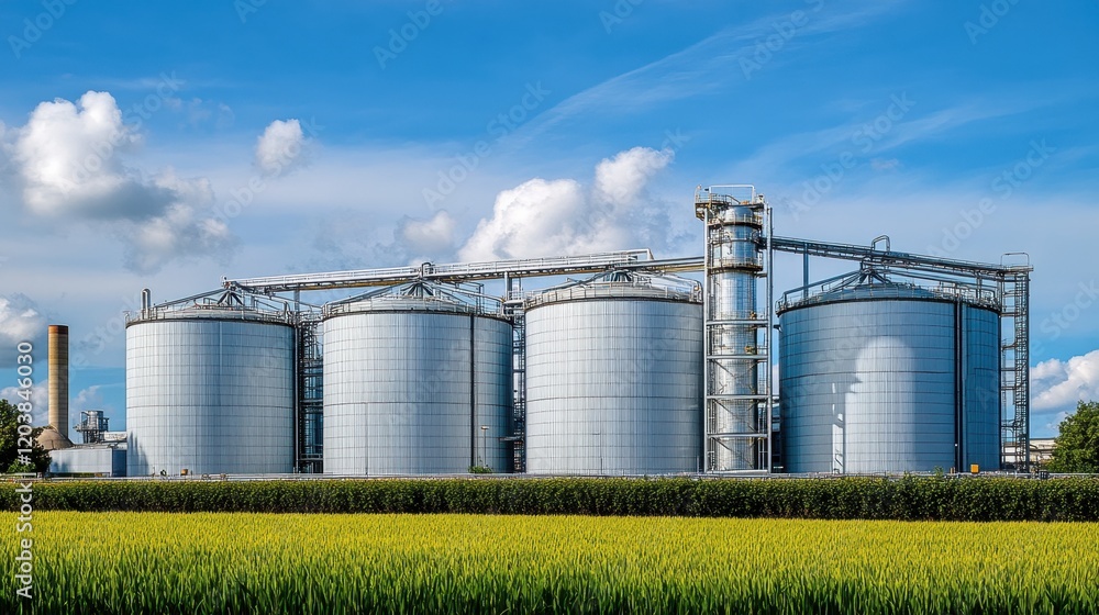Modern Industrial Silos Against Bright Blue Sky with Green Field Modern Industrial Silos Against Bright Blue Sky with Green Field
