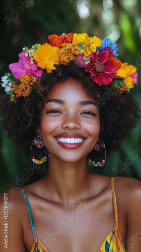 Smiling woman with flower crown in colorful dress during sunny day at outdoor...