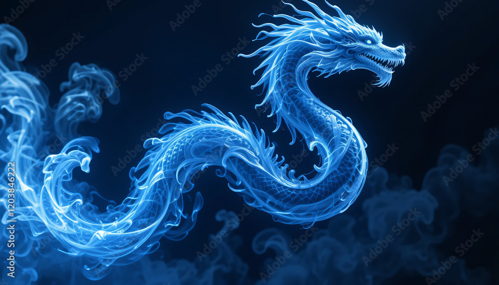 Fototapeta premium Majestic Dragon Formed by Blue Smoke and Silver Mist