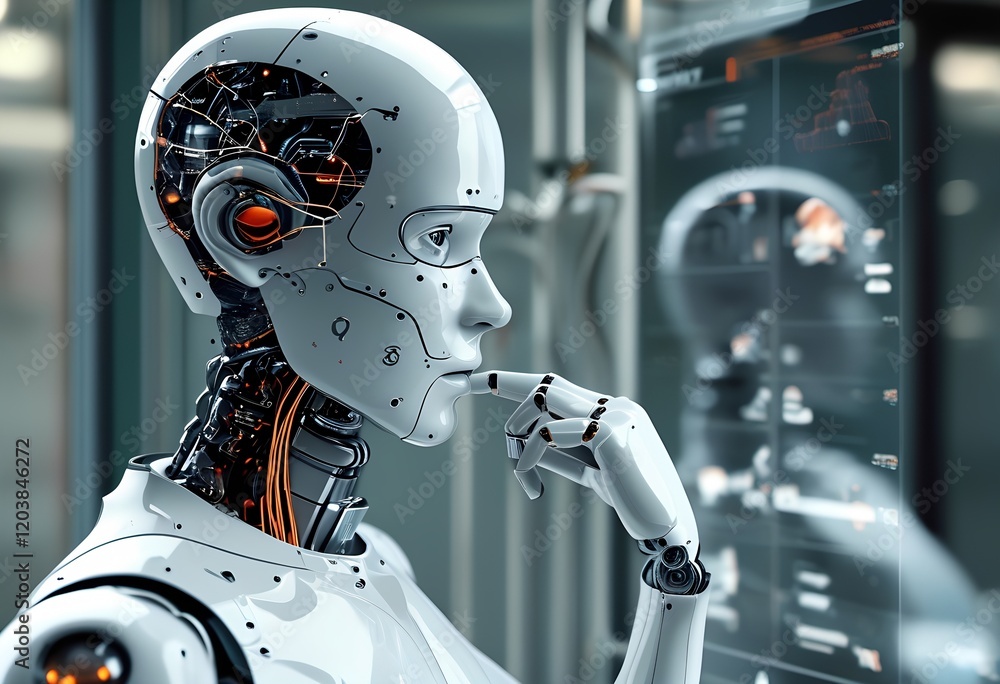 Naklejka premium Innovative humanoid robot analyzing data in a futuristic laboratory environment during daylight hours