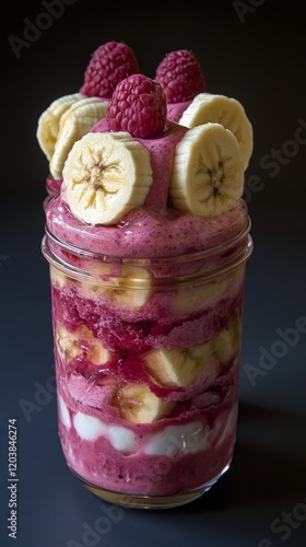 Refreshing berry and banana smoothie topped with whipped cream and fruit garn...