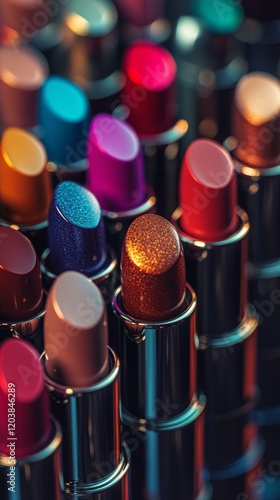Colorful collection of lipsticks in various shades arranged on a display