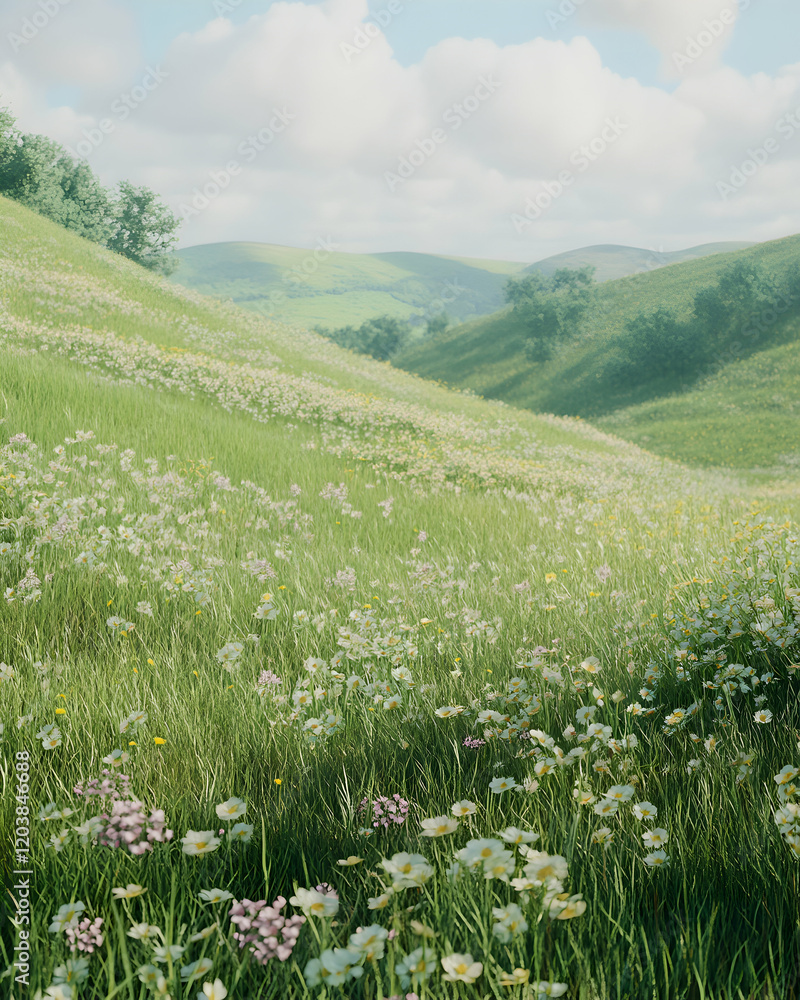 Serene hillside meadow brimming with wildflowers under a bright, summer sky. Perfect for idyllic nature, travel, or springtime themes. Serene hillside meadow brimming with wildflowers under a bright, summer sky. Perfect for idyllic nature, travel, or springtime themes.