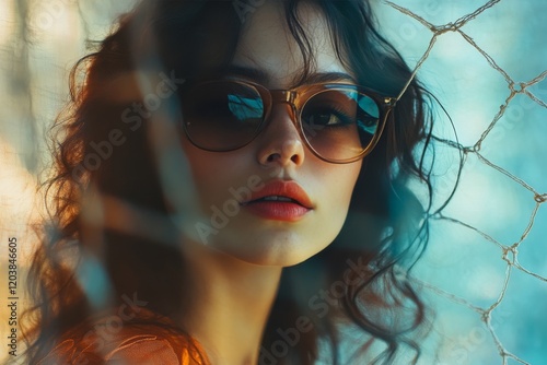 Young woman with sunglasses poses next to a net in a vibrant outdoor setting ...