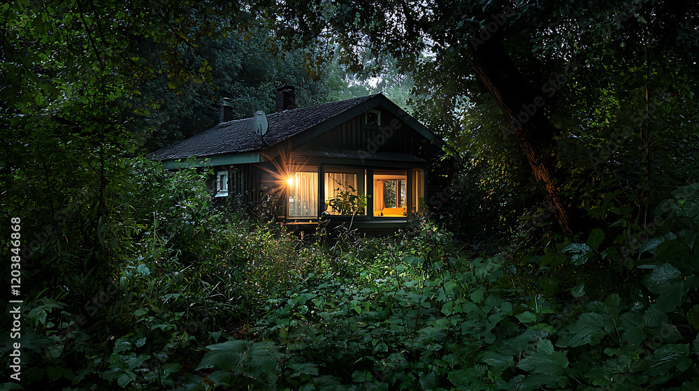 quaint countryside home illuminated at night, surrounded by lush greenery and trees, creating serene and cozy atmosphere quaint countryside home illuminated at night, surrounded by lush greenery and trees, creating serene and cozy atmosphere