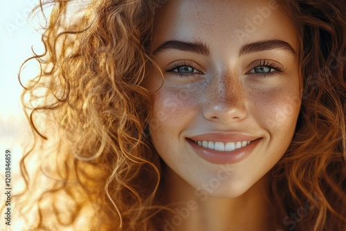 Smiling young woman with curly hair enjoying sunlight outdoors in a natural s...