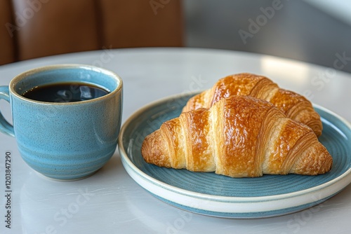 Croissants and coffee on a decorative plate with steam rising from the cup in...