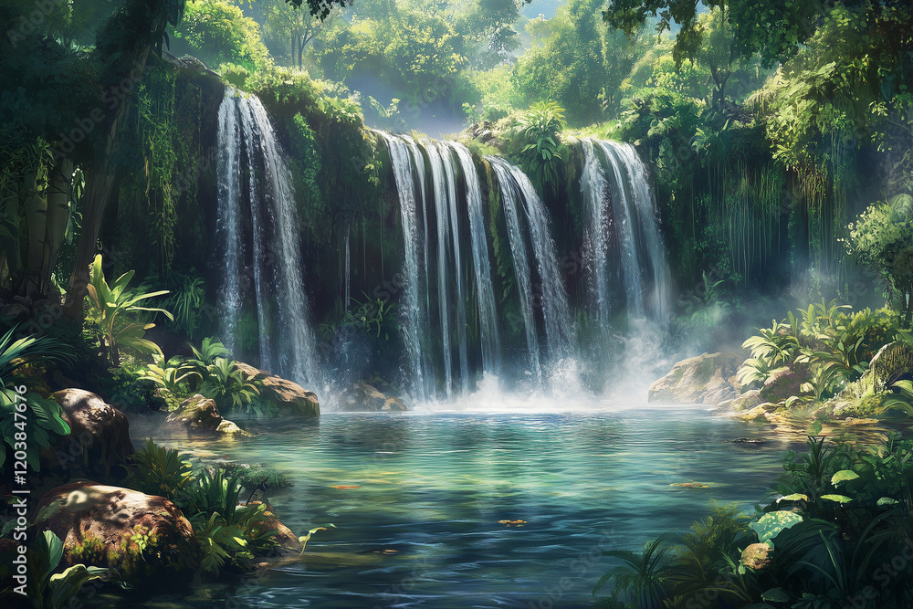 A stunning tropical waterfall cascading down wet mossy rocks, the crystal-clear water sparkling as it flows into a serene pool below A stunning tropical waterfall cascading down wet mossy rocks, the crystal-clear water sparkling as it flows into a serene pool below