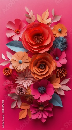 Vibrant paper flowers arranged in beautiful design against a pink background ...