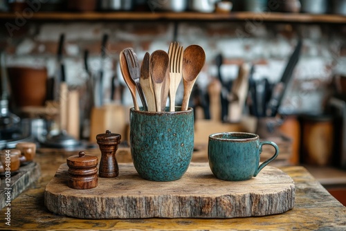 Wooden utensils arranged in a ceramic cup on a rustic kitchen counter