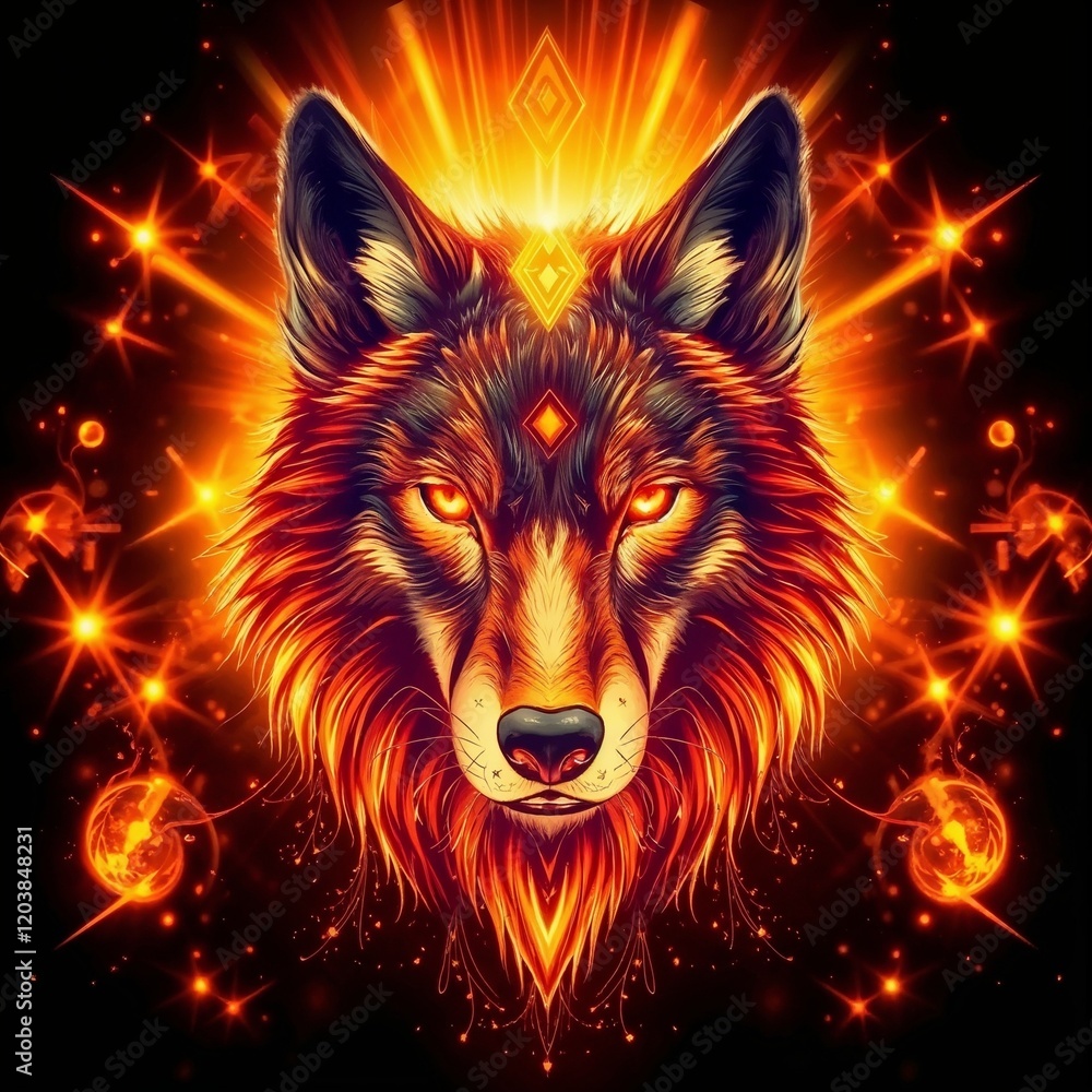 Radiant wolf T-shirt print design featuring warm golden light and abstract patterns
Radiant wolf T-shirt print design featuring warm golden light and abstract patterns