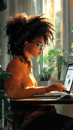 Young woman with glasses focused on laptop in a cozy indoor setting during af...