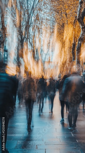 Crowd moving through city streets on a rainy day with blurred backgrounds and...