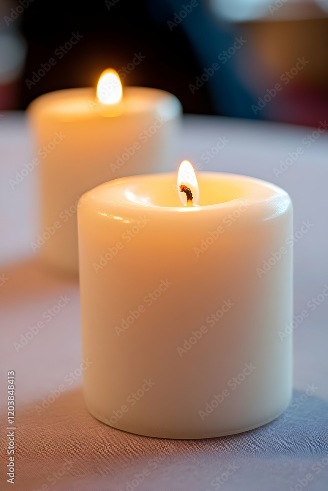 Two lit ivory candles on a soft surface, creating a warm and calming ambiance. Perfect for relaxation, meditation, or spiritual themes. Two lit ivory candles on a soft surface, creating a warm and calming ambiance. Perfect for relaxation, meditation, or spiritual themes.