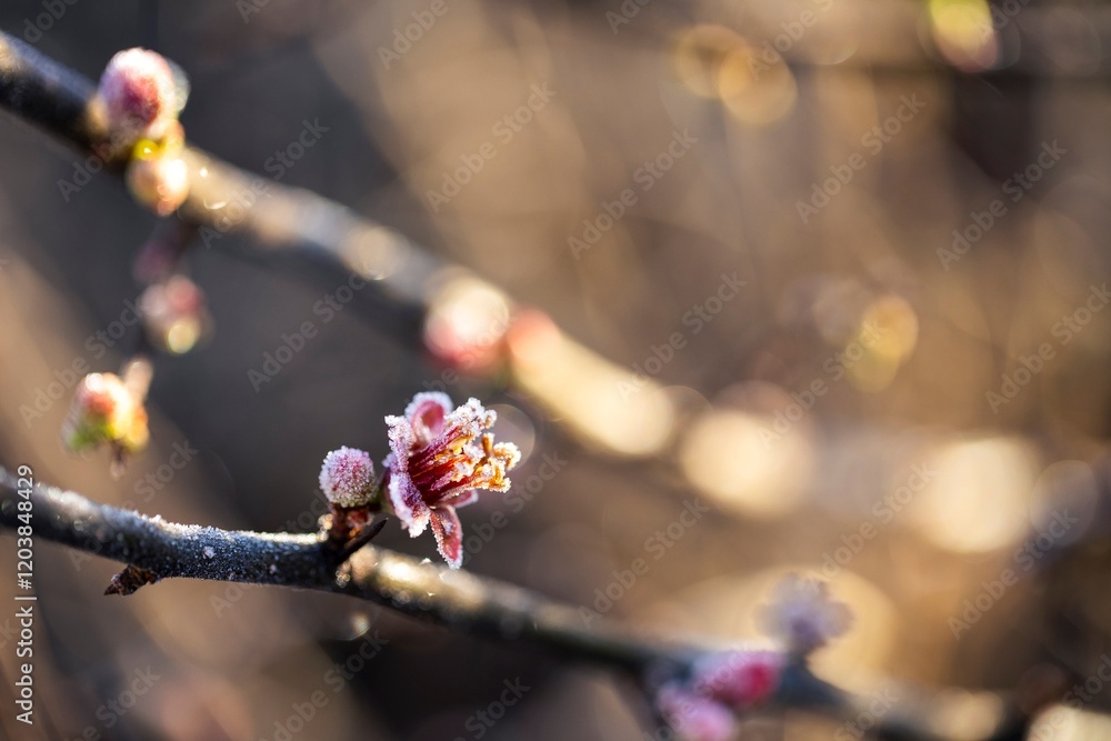 Sunlit quince blossoms dusted with frost evoke the peaceful elegance of winter mornings. Sunlit quince blossoms dusted with frost evoke the peaceful elegance of winter mornings.