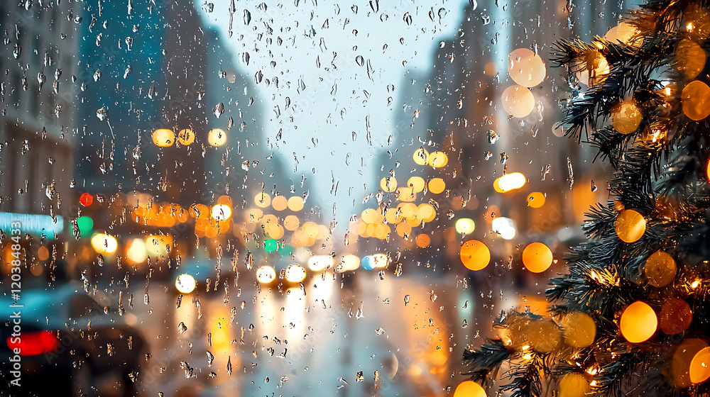 Obraz premium cozy scene of rain falling on bustling street, with blurred lights and festive decorations creating warm atmosphere