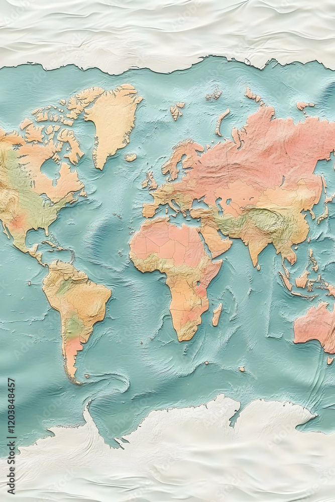 Fototapeta premium Detailed embossed world map, geographical relief, continents, oceans, earth, global, textured background, vintage style.