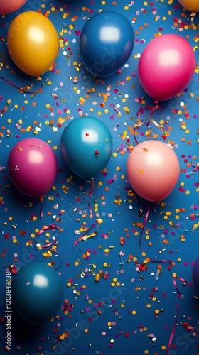 Festive balloons and colorful confetti on a blue background create a joyful c...