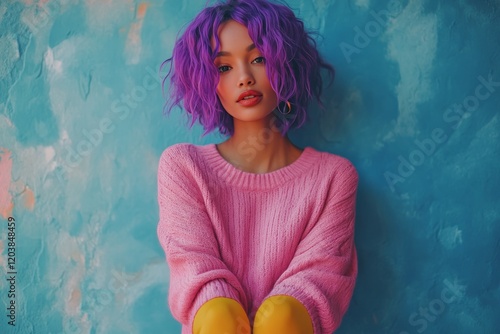 Young person with pastel purple hair poses in a pink sweater against a light ...