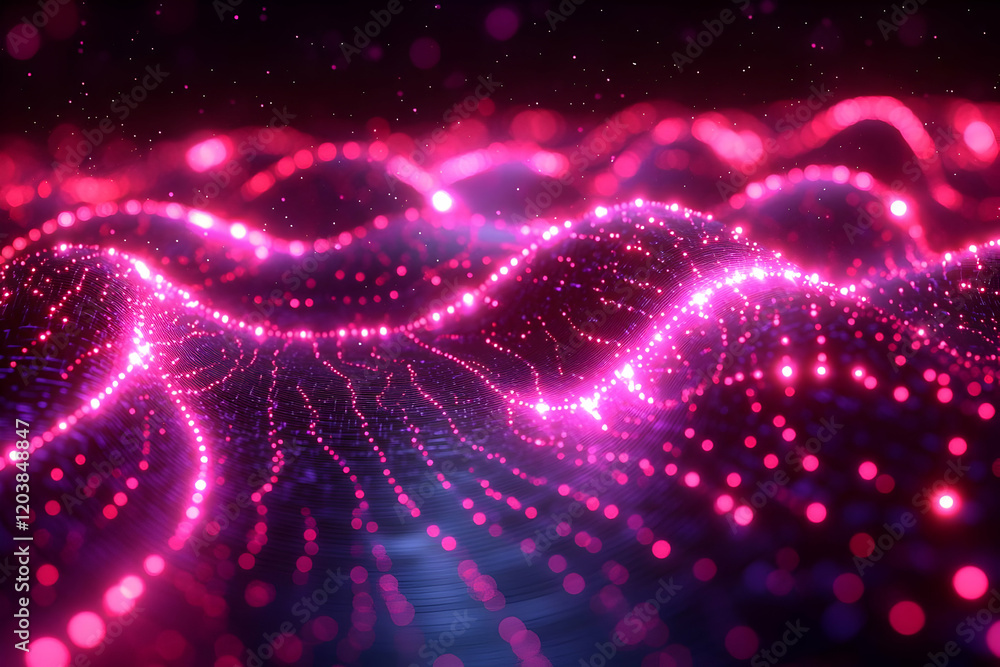 Naklejka premium Vibrant Pink and Purple Glowing Particle Wave Abstract Background