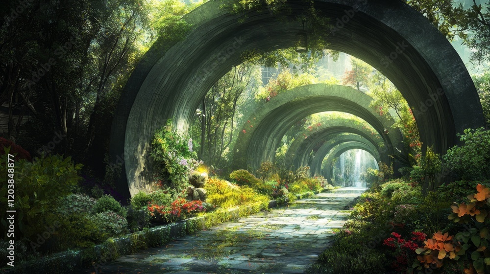 Obraz premium Lush Garden Path Under Archways Leading to Distant Waterfall with Floral Ground Cover