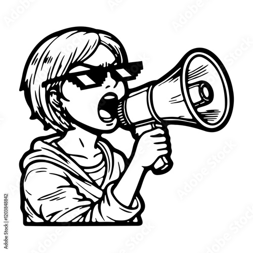 yelling woman with a megaphone, cartoon activist illustration