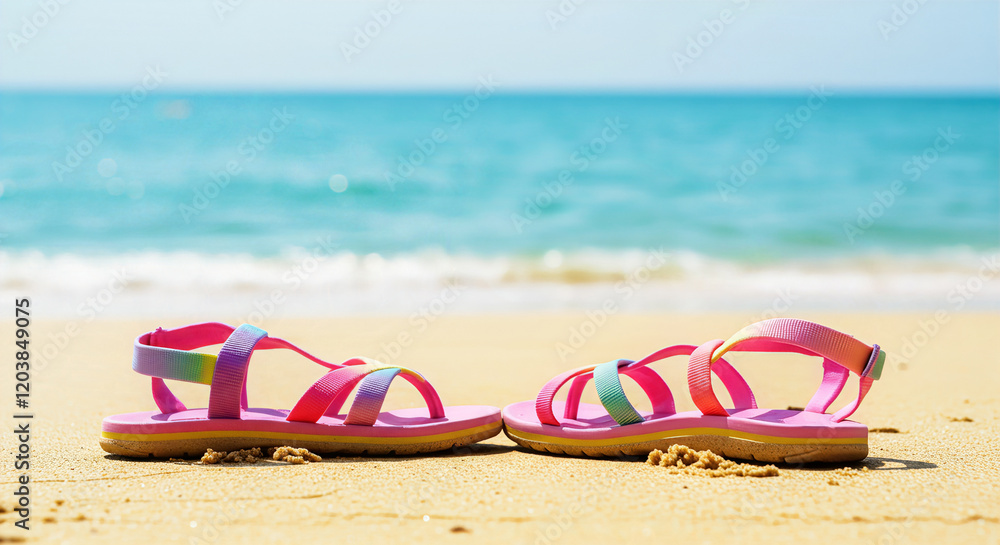 Vibrant Summer Sandals on Sandy Beach Vibrant Summer Sandals on Sandy Beach