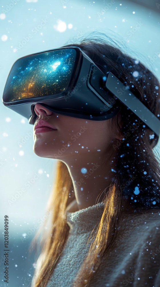 Naklejka premium Virtual reality experience in a city setting during a rainy evening