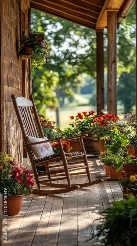 Cozy rocking chair surrounded by lush greenery in a serene garden setting