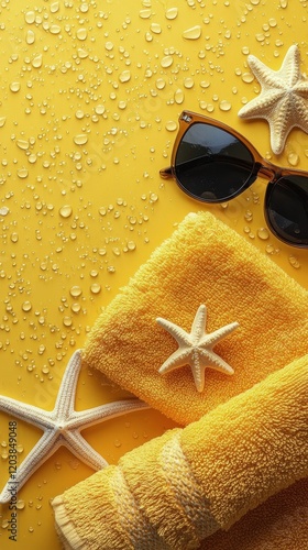 Bright summer beach accessories with towels and starfish on yellow background