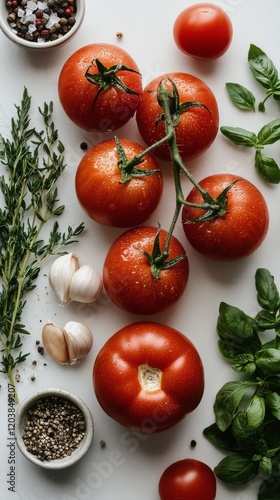 Fresh tomatoes and herbs arranged on a white surface for a culinary preparation