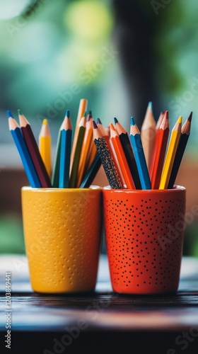 Colorful art supplies in bright pots on a wooden table surrounded by greenery