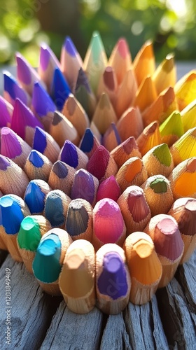 Colorful collection of colored pencils arranged in a circular pattern on text...