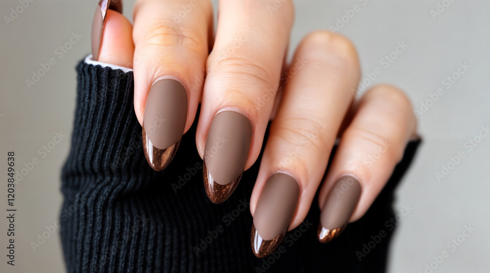 Close-up of a hand showcasing elegant mocha brown nails with a metallic accent. Chic and sophisticated manicure. Close-up of a hand showcasing elegant mocha brown nails with a metallic accent. Chic and sophisticated manicure.