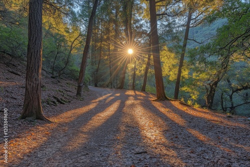 Sunlight filters through trees on a peaceful forest path during early morning...