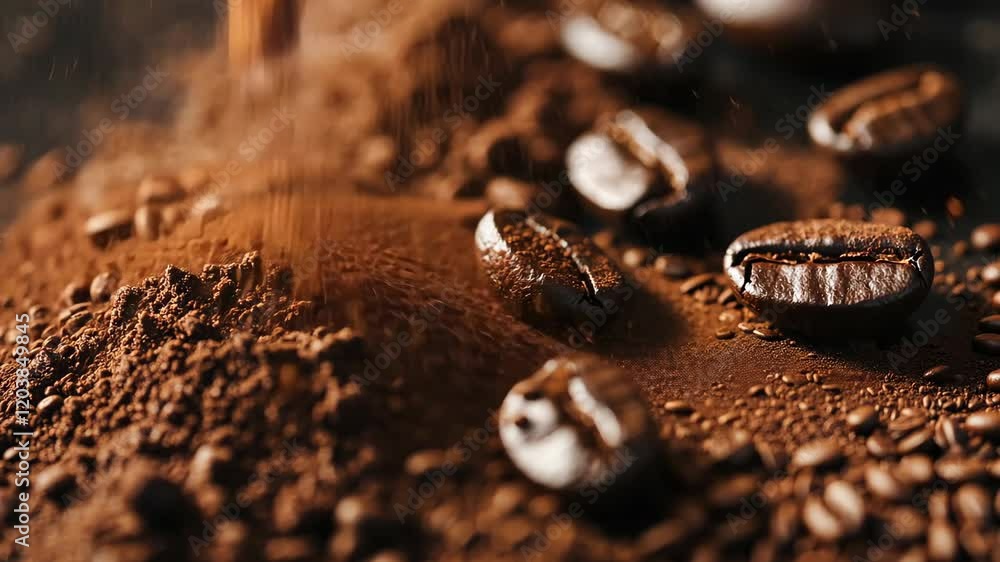 Silky dark background with coffee beans and ground coffee, close-up.