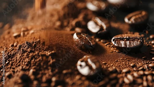 Silky dark background with coffee beans and ground coffee, close-up.