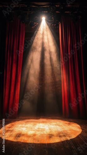 Light shining through red velvet curtains in a dark theater setting with smoke
