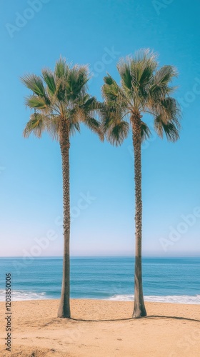 Two palm trees provide shade on a sunny beach with a clear blue sky and calm ...