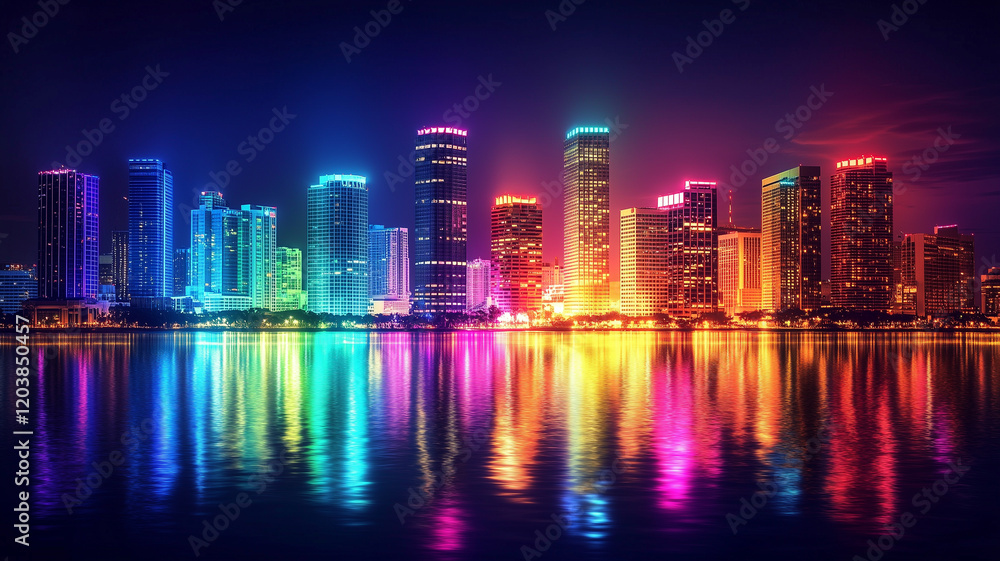 Fototapeta premium city illuminated by colorful lights at night, with the skyline and roads glowing, and stars in the sky above,
