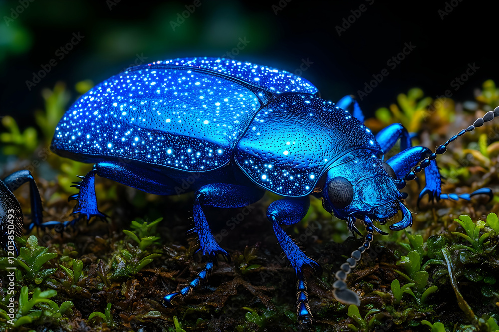 Fototapeta premium Vibrant Blue Beetle Close-up Macro Photography in Dark Forest Setting